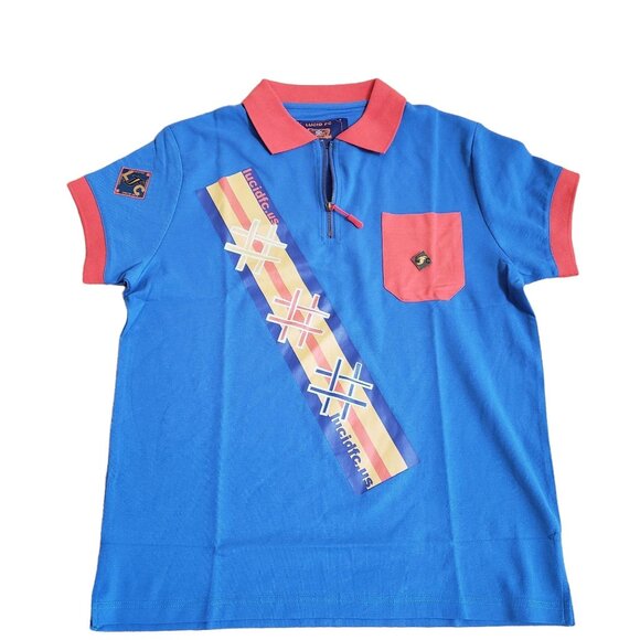 Lucid FC Mens L Blue Polo Shirt With Red Accents Front Zip Pocket & Graphic Deta - Picture 1 of 8